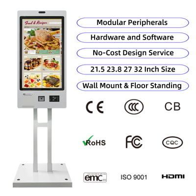 comprar Pedido de autoservicio montado en la pared Quiosco de pago de pago Android SDK Recibo de pantalla táctil Impresora de reconocimiento facial Cuerpo de metal online manufacture