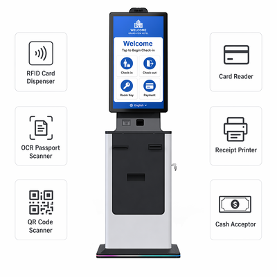 Quiosco de autoservicio para check-in de hotel/hospital con pantalla táctil, dispensador de tarjetas, escáner de pasaportes, impresora de tickets, aceptador de efectivo, quiosco de pago